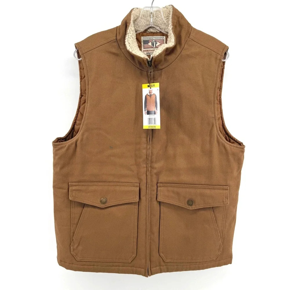 Weatherproof Canvas Workwear Vest Mens Medium Brown Sherpa Lined Quilted Utility